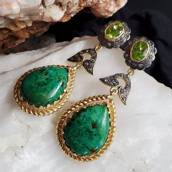 Sterling Silver 925/14k Gold Earrings Diamond African Chrysocolla Natural Stone - Picture 5 of 11